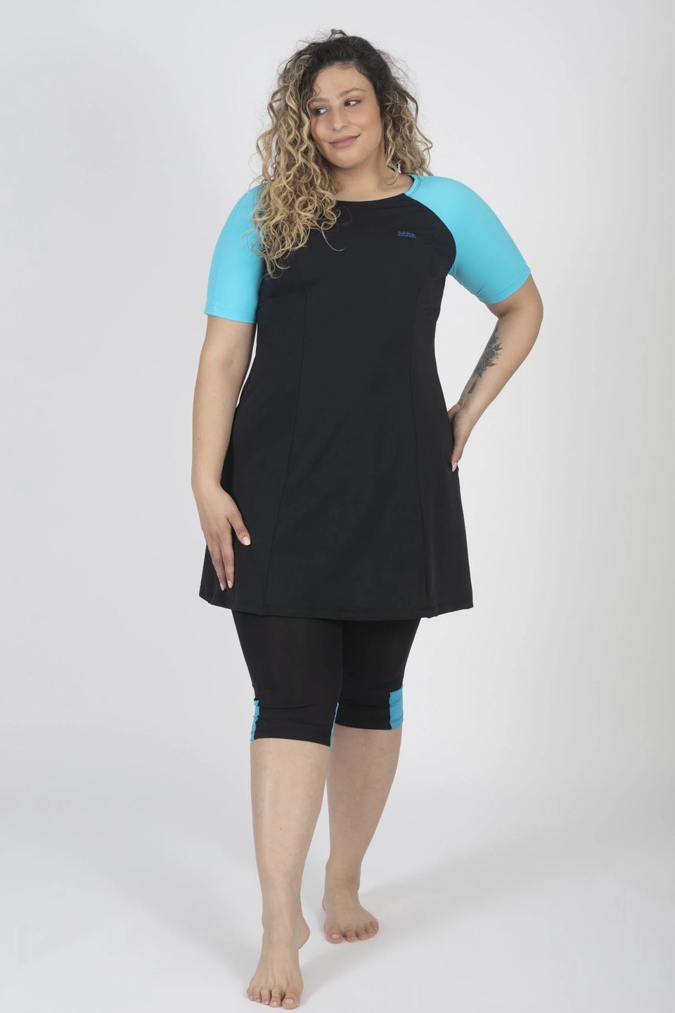 Black and Light Blue Short Sleeve Tunic in Sizes for Swim and Sport