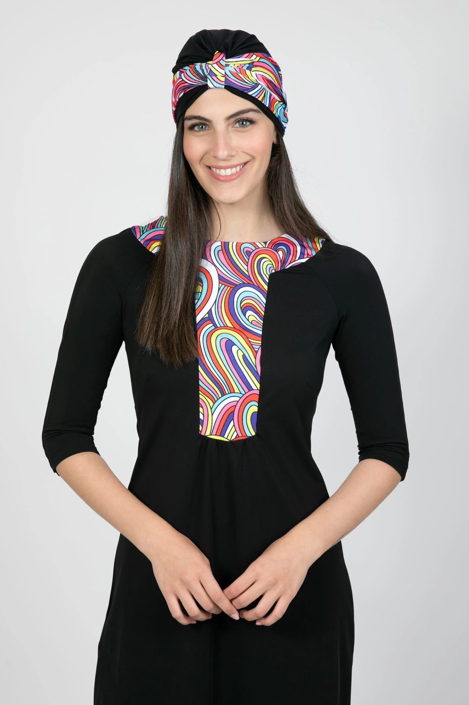 Black Ethnic Modest Swimwear with Colorful Rainbow Pattern - Thumbnail 3