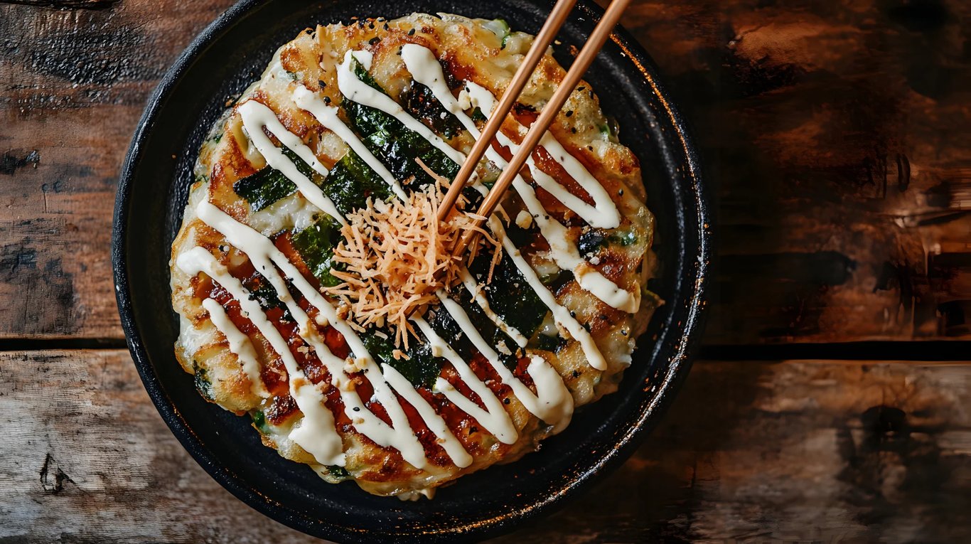 sizzling-plate-okonomiyaki-topped-with-drizzled-mayonnaise-bonito-flakes-nori-with-chopsticks-reaching-take-bite.jpg