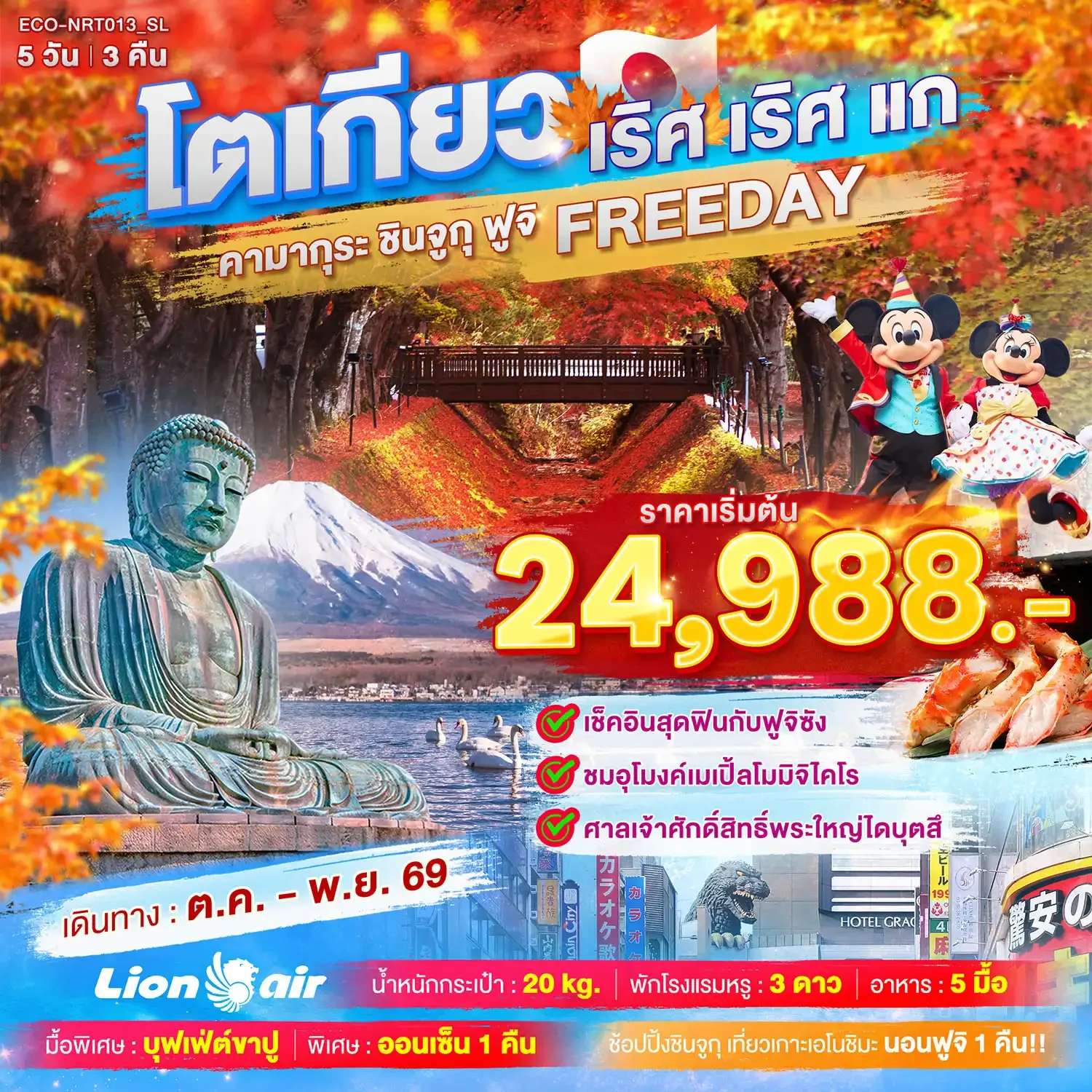 ทัวร์ญี่ปุ่น TOKYO เริศ เริศแก คามากุระ ชินจูกุ ฟูจิ FREEDAY
