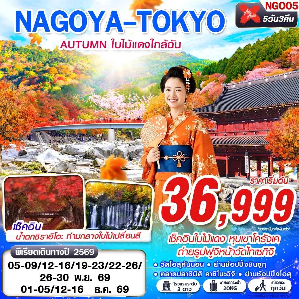 ทัวร์ญี่ปุ่น นาโกย่า โตเกียว หุบเขาโครังเค อุโมงค์ใบเมเปิ้ล 5 วัน 3 คืน
