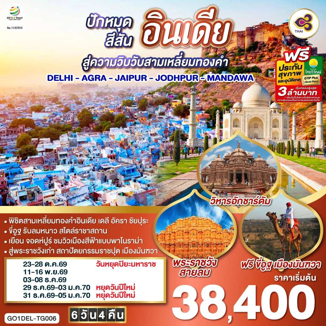 ทัวร์อินเดีย ขี่อูฐ INDIA เมือง PINK & BLUE CITY ปักหมุดสีสันสู่ความวิบวับสามเหลี่ยมทองคำ DELHI - AGRA - JAIPUR - JODHPUR - MANDAWA 6 วัน 4 คืน โดยสายการบิน Thai Airways (TG)