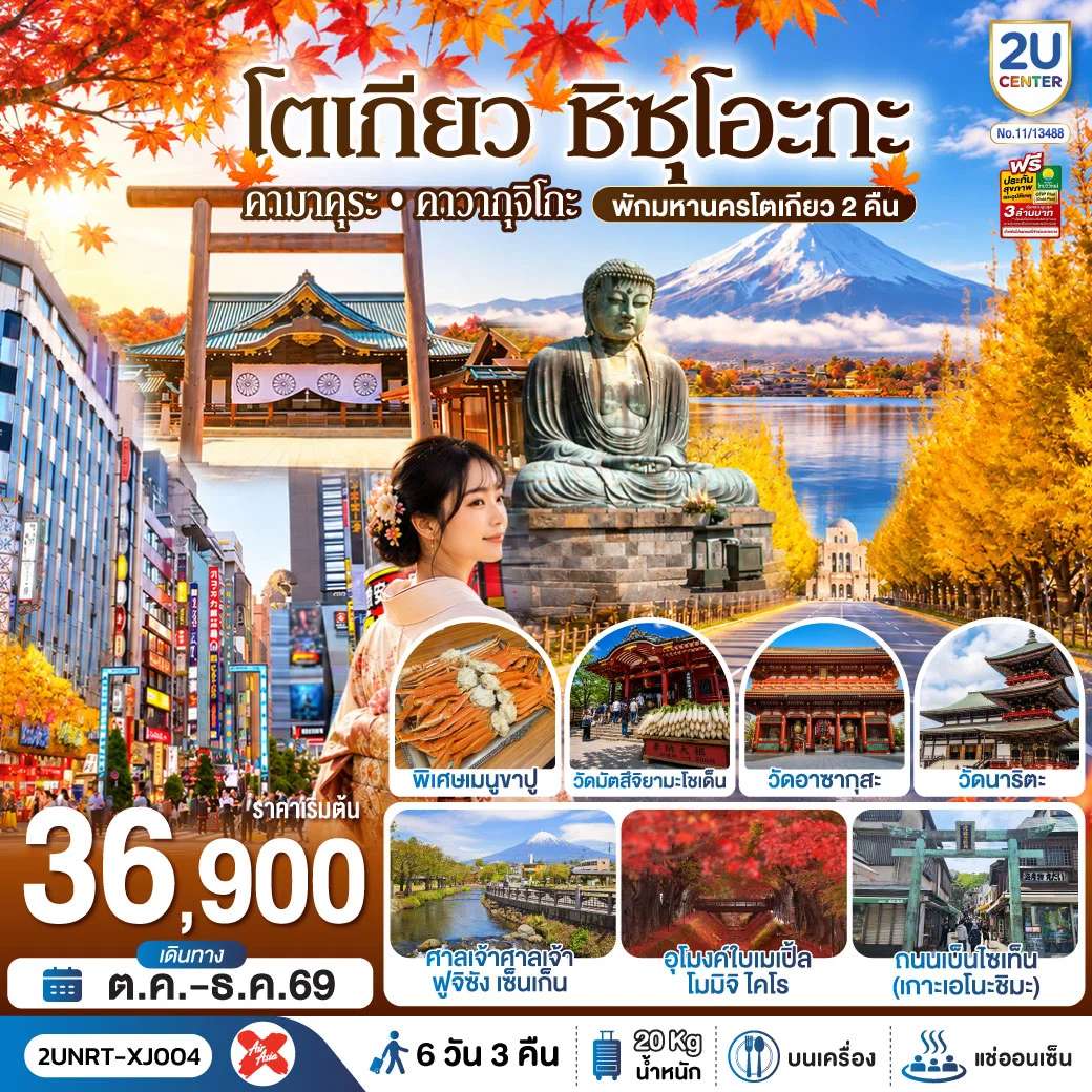 ทัวร์ญี่ปุ่น โตเกียว ชิซุโอะกะ คามาคุระ คาวากุจิโกะ (พักมหานครโตเกียว 2 คืน) 6 วัน 3 คืน สายการบิน ไทยแอร์เอเชีย เอ็กซ์