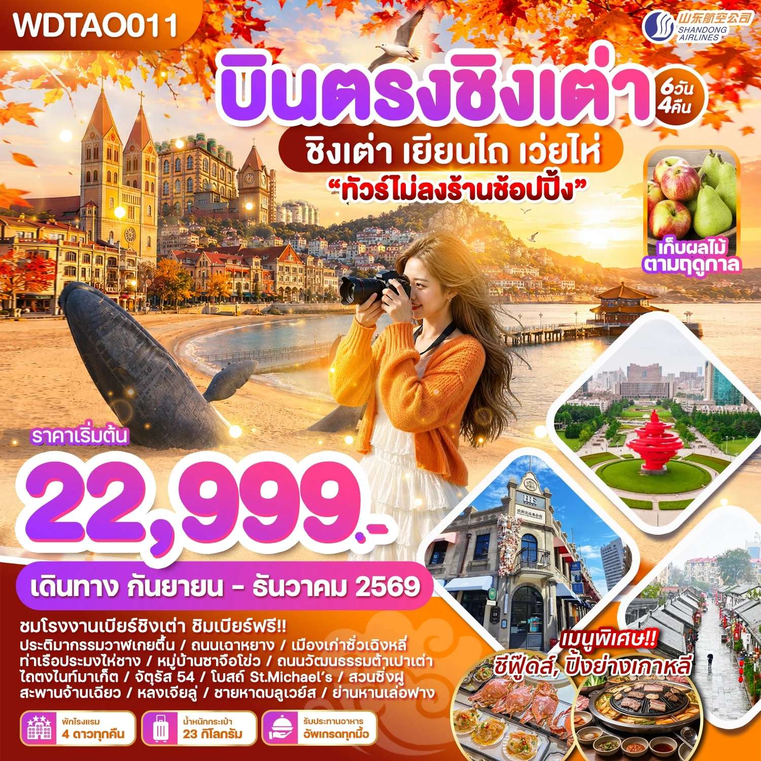ทัวร์จีน  บินตรงชิงเต่า เยียนไถ เว่ยไห่ 6 วัน 4 คืน