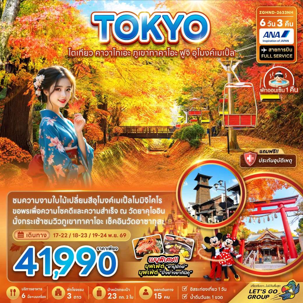 ทัวร์ญี่ปุ่น โตเกียว คาวาโกเอะ ภูเขาทาคาโอะ ฟูจิ อุโมงค์เมเปิ้ล อิสระฟรีเดย์ 1 วัน 6 วัน 3 คืน