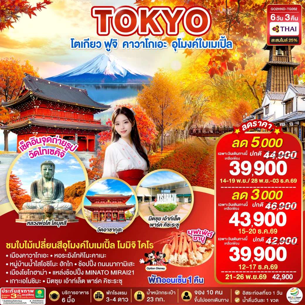 ทัวร์ญี่ปุ่น TOKYO FUJI MOMIJI KAIRO AUTUMN 6D 3N โดยสายการบินไทย [TG]