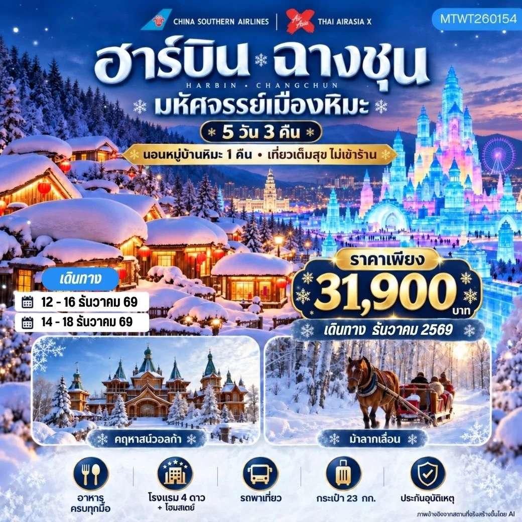 ทัวร์จีน เมืองฮาร์บิน ฉางชุน หมู่บ้านหิมะ เทศกาล ฮาร์บิน ไอซ์ แอนด์ สโนว์ เวิลด์ 5 วัน 3 คืน