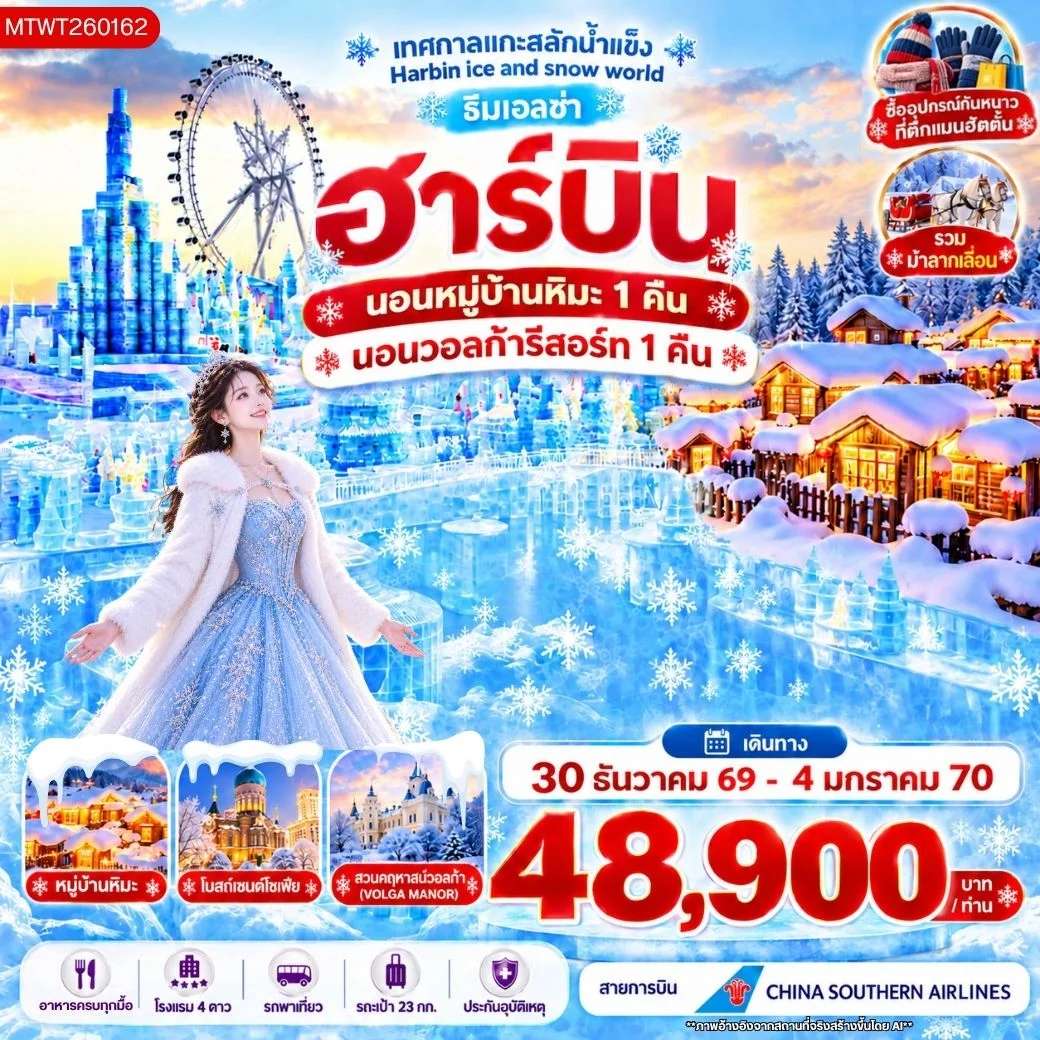 ฮาร์บิน นอนในหมู่บ้านหิมะ 1 คืน นอนในวอลก้ารีสอร์ 1 คืน รวมบัตรแกะสลักน้ำแข็ง Harbin ice and snow world ธีมเอลซ่า 6 วัน 5 คืน (CZ)