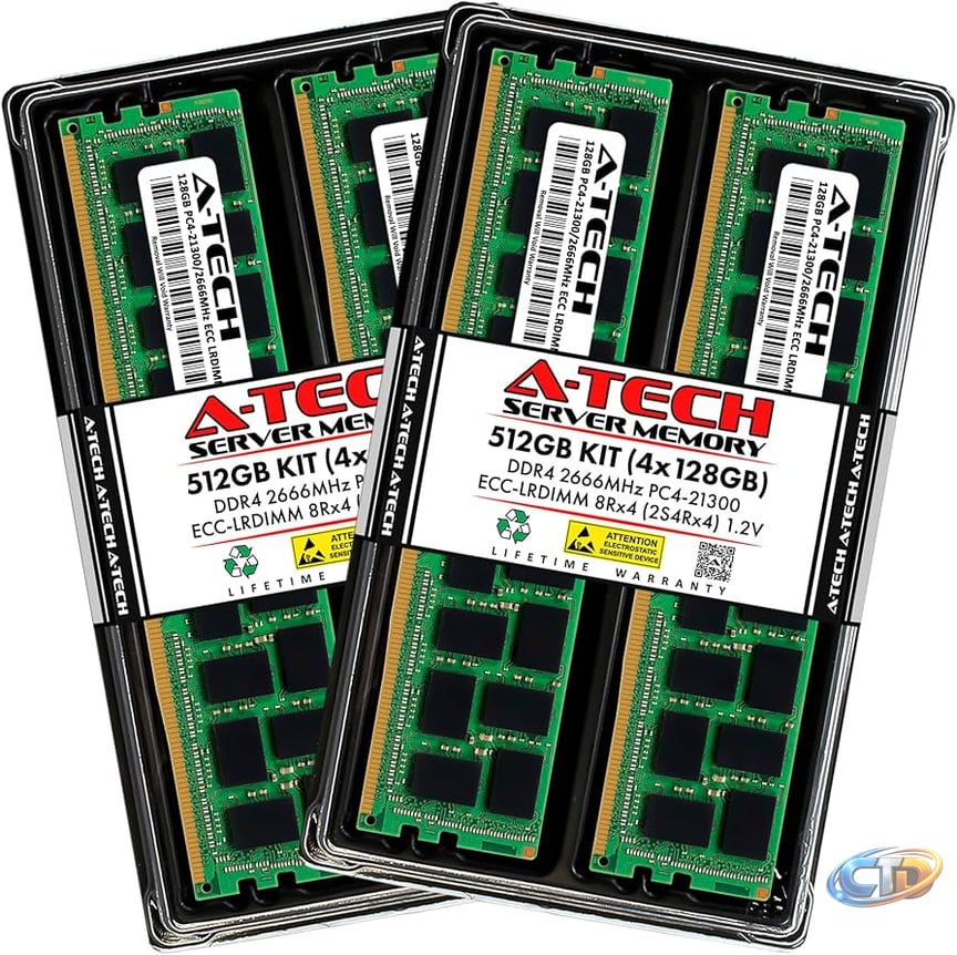 A-Tech 512GB Kit (4x128GB) DDR4 2666MHz PC4-21300 ECC LRDIMM 8Rx4 (3DS  2S4Rx4) Octal Rank 1.2V Load Reduced DIMM 288-Pin Server RAM Memory Upgrade  Modules (A-Tech Enterprise Series) at Amazon.com
