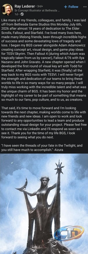 Ray Lederer, the last Skyrim concept artist who still worked at Bethesda,  was laid off this past Monday. : r/ElderScrolls
