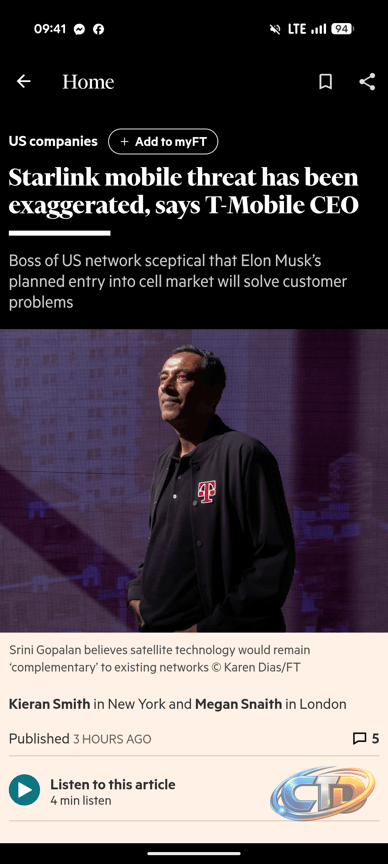 FT: T-Mobile CEO Says the Starlink Mobile Threat Is Overstated :  r/ASTSpaceMobile