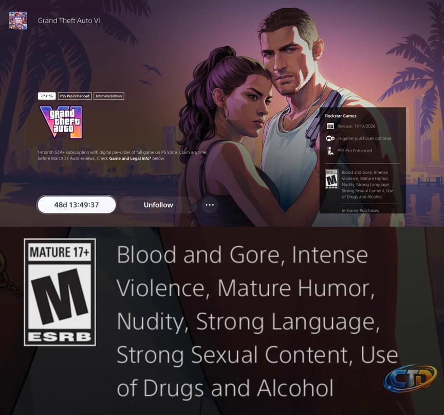 GTA 6 Countdown ⏳ on X: "GTA 6 has been officially rated on PlayStation  Store and Rockstar's website, which usually indicates that the game is  pretty much done: - Blood and Gore -