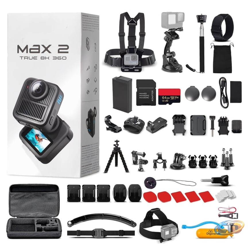 Gopro Max2 360 Waterproof Action Camera + Accesory Kit + 64gb Memory Card, Black