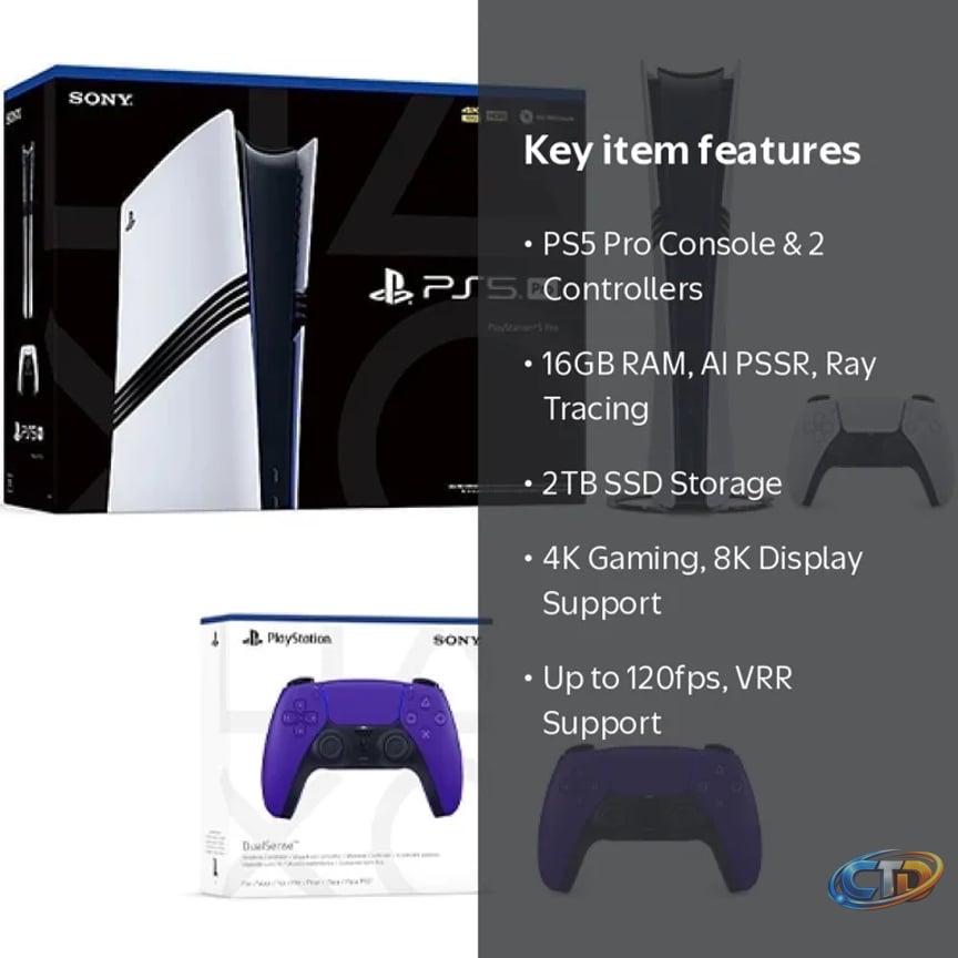 PlayStation 5 Pro Console + PlayStation 5 DualSense Wireless Controller  Galactic Purple - Includes PS5 Pro Console & 2 DualSense Controllers