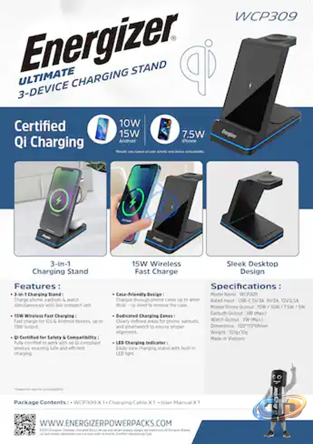 Energizer - 3-in-1 15W Qi Certified Fast 15W Universal Charging Station/Stand w/ RGB Light for Phones + AirPods + Apple Watch - Black