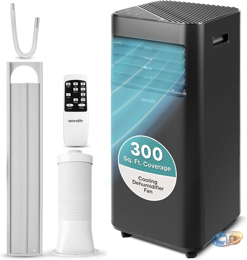 Amazon.com: SereneLife Portable AC Unit 8000 BTU | Compact Room Air  Conditioner with Dehumidifier & Fan | Energy Efficient 800W Low-Power Motor  | Rolling Wheels, Remote, 24-Hour Timer | Window Mount Kit :