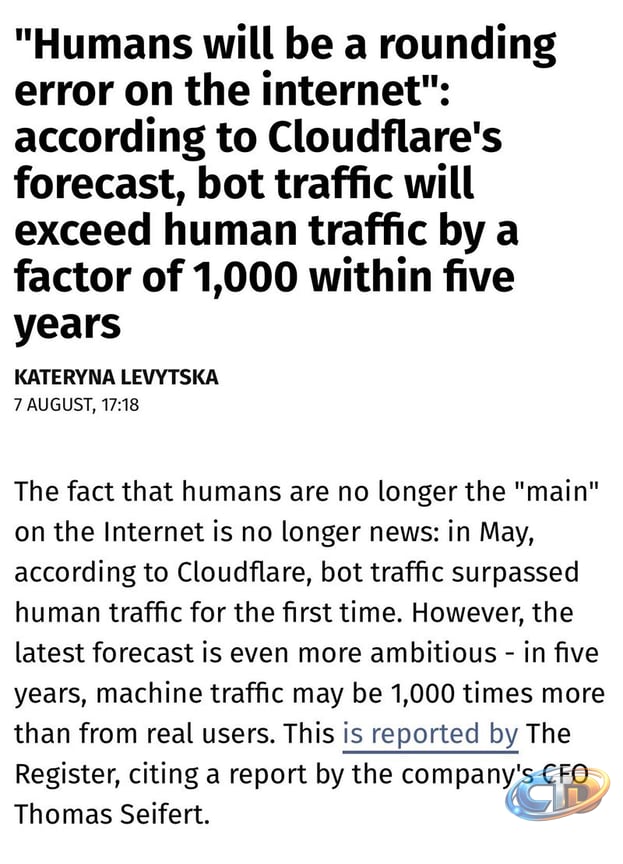 Cloudflare just confirmed something most founders are ignoring. Over half  of all internet traffic is already AI agents/bots, not humans. That side of  your traffic is set to outnumber humans 1,000 to… |