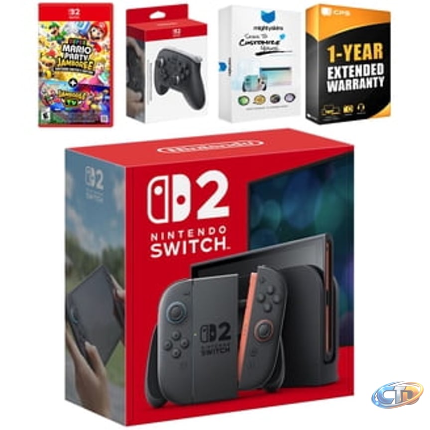 Nintendo Switch 2 Console with Mario Kart World, Pro Controller, Joy Con Wheel and MightySkins Code Bundle - Charcoal