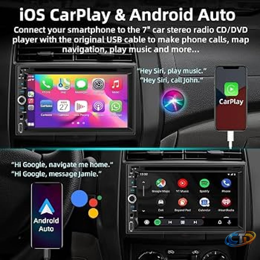 Amazon.com: Double Din Car Stereo with CD/DVD Player, 7-Inch Touch Screen,  Bluetooth 5.2, CarPlay/Android Auto, Backup Camera, USB/TF Card Slots, FM  Radio, AUX Input. : Electronics