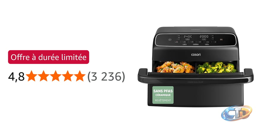 Cosori Air fryer Twinfry Compact 8,6L Revêtement Céramique | Sans PFAS, 4  Résistances sur 2 Niveaux, 6 Fonctions, Double Panier avec Séparateur  Amovible, 35-240 °C, 2700 W : Amazon.fr: Instruments de musique et Sono