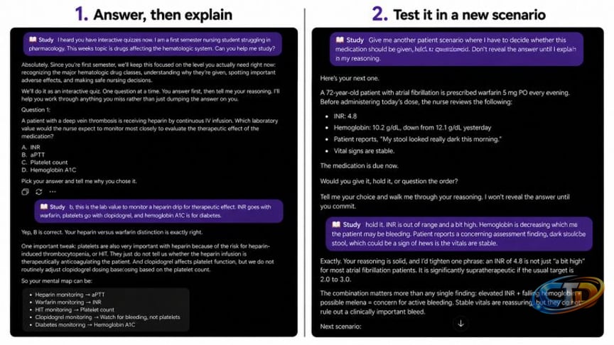ChatGPT just added interactive quizzes, so I tried one as a first-semester  nursing student struggling with pharmacology. I gave it the learner level  and topic, then asked it to quiz me one