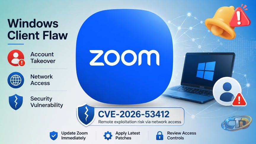Zoom has released updates for a critical Windows desktop client  vulnerability, tracked as CVE-2026-53412, that could allow unauthenticated  attackers to remotely take over user accounts. This flaw arises from  improper input validation
