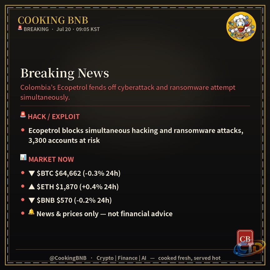 🚨 BREAKING Ecopetrol blocks simultaneous hacking and ransomware attacks,  3,300 accounts at risk Colombia's Ecopetrol fends off cyberattack and  ransomware attempt simultaneously. 🍳 Served hot. #Crypto #News #BNBChain