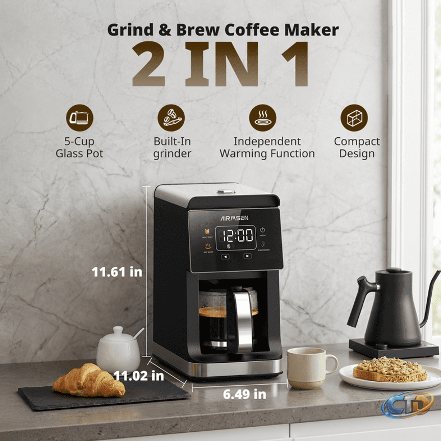 Drip Coffee Maker with Grinder, Compact 5-Cup Programmable Coffee Machine, 3 Grind Settings, 24-Hour Delay Brew & Extended Keep Warm | AIRMSEN