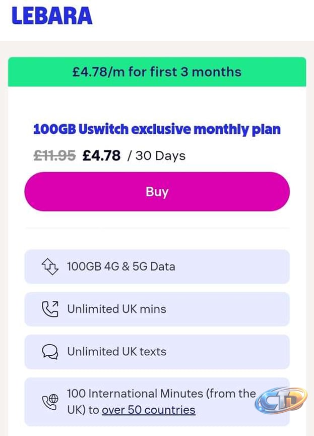 Lebara - 100GB Data, Unlimited Mins & Texts (£4.78 for 3 months, £11.95  after) | Hotukdeals