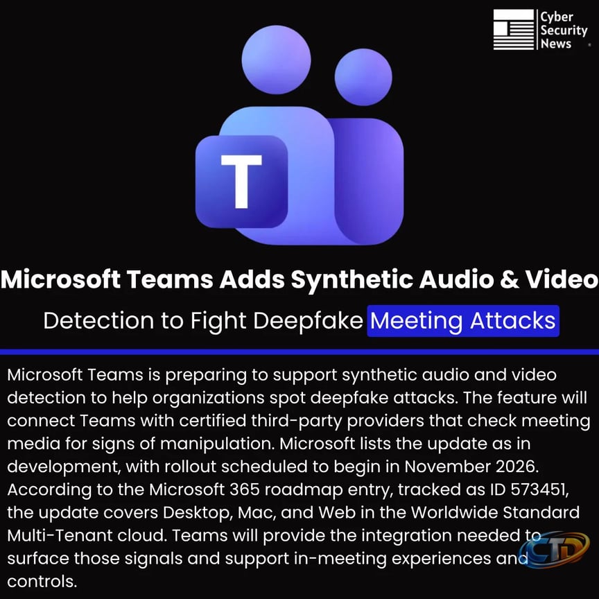 Cyber Security News on X: "🛡️ Microsoft Teams Adds Synthetic Audio & Video  Detection to Fight Deepfake Meeting Attacks Details:  https://t.co/tegkVYRtm8 Microsoft Teams is preparing to support synthetic  audio and video detection