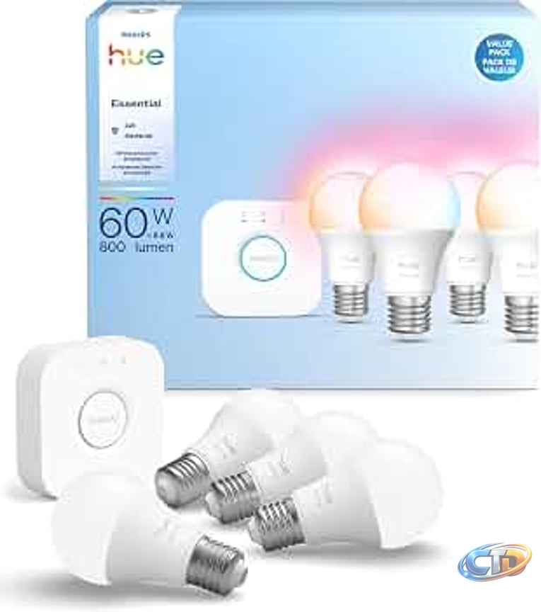 Philips Hue Essential Starter Kit: Bridge + 4 Essential E26 Smart Bulbs,White  & Color Ambiance,2200K-6500K,Dimmable,Compatible with Alexa,Google,Samsung  SmartThings,Apple Home - Amazon.com