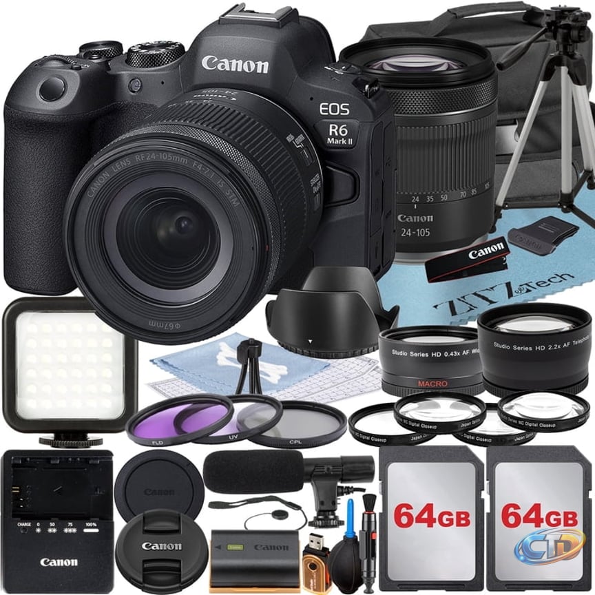 Canon EOS R6 Mark II Mirrorless Camera with RF 24-105mm Lens + Wideangle +  2 Pack 64GB Memory Card + LED Flash + Case + ZeeTech Accessory ...