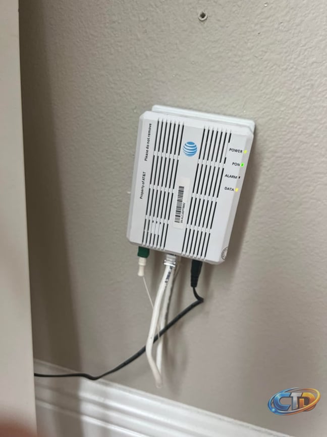 AT&T Fiber Internet. It comes in in a downstairs bedroom that is set up as  an office and is ran to another part of house where the modem/router is.  Issue is is