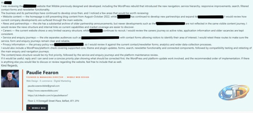 Warning: Someone has created a profile and is impersonating me and emailing  clients with specific information about their websites from a gmail  account. **This is not coming from me** Any clients on… |