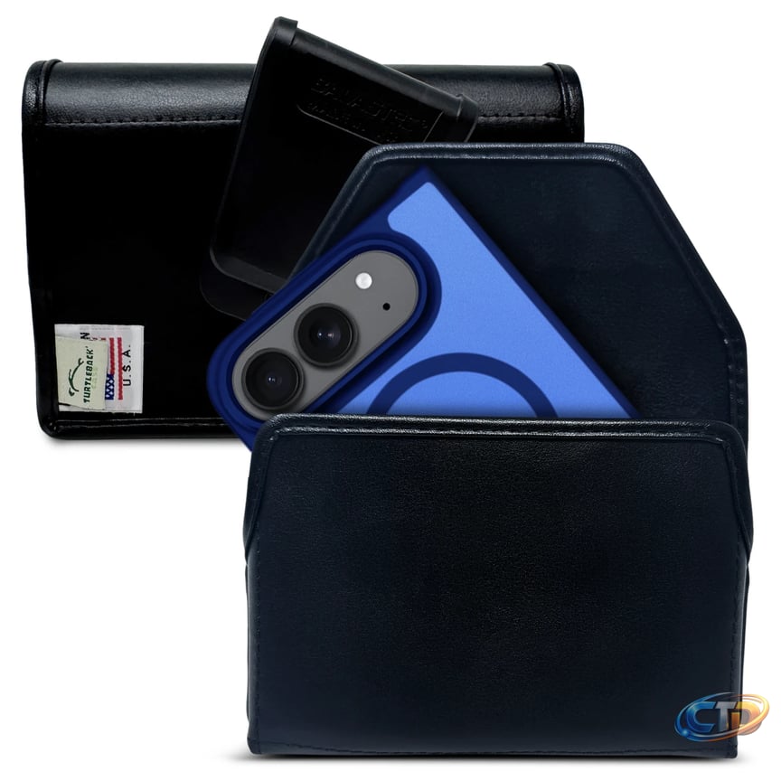 iPhone 17 ProMax, 17 Plus -Large- Fits with Defender Bulky Style Cases,  Premium Black Leather, Horizontal Belt Holder, Magnetic Closure, HD  Rotating Clip
