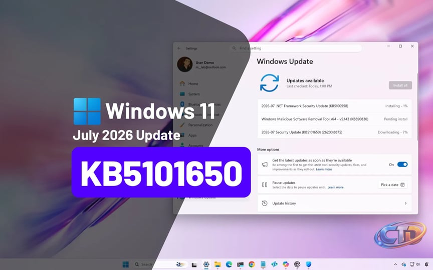 KB5101650 (build 26200.8875) for Windows 11 drops as part of the July 2026  update - Pureinfotech