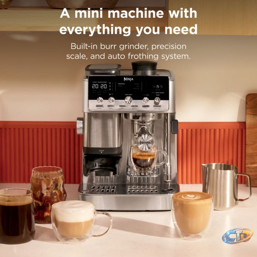 Ninja Luxe Café Mini Plus AutoFroth Espresso Machine in Midnight Mocha |  Crate & Barrel