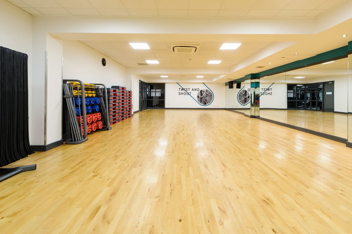 PureGym Billericay: Rows of resistance bands, medicine balls, wooden floors, mirrored wall.