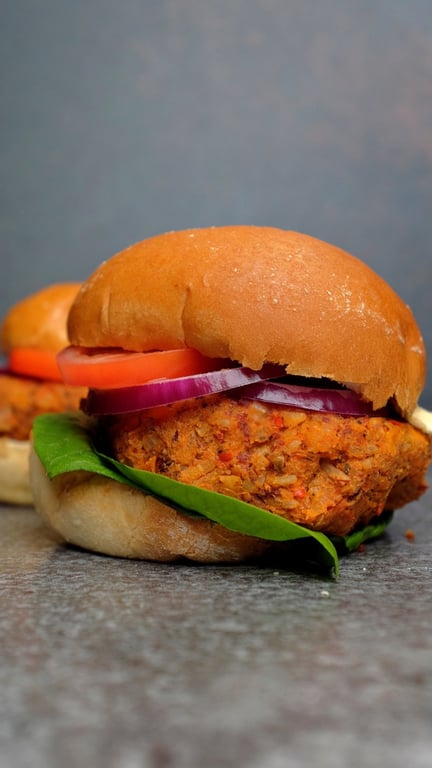 Vegan burger with lettuce, tomato, and red onion in a soft bun on a grey surface