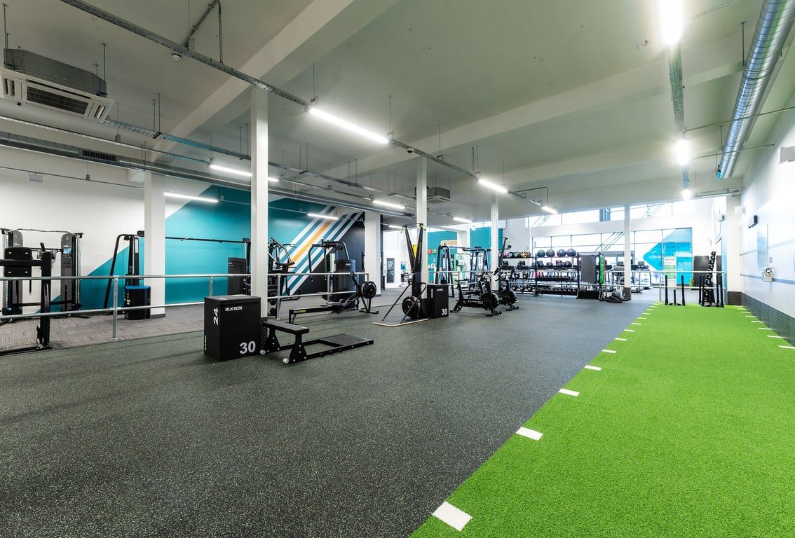 PureGym Edinburgh Craigleith Retail Park: Strength training area with squat racks, weights, turf zones, rubberized floors.