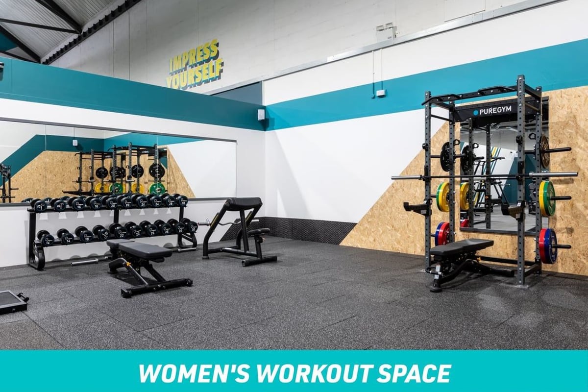 PureGym York Women's Workout Space: dumbbels, squat rack and bicep curl bench