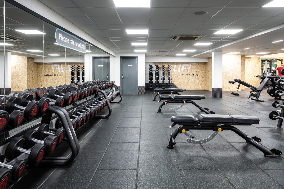 PureGym Newtownabbey: Rows of aerobic machines, weight benches, free weights, and mirrored walls in a gym.