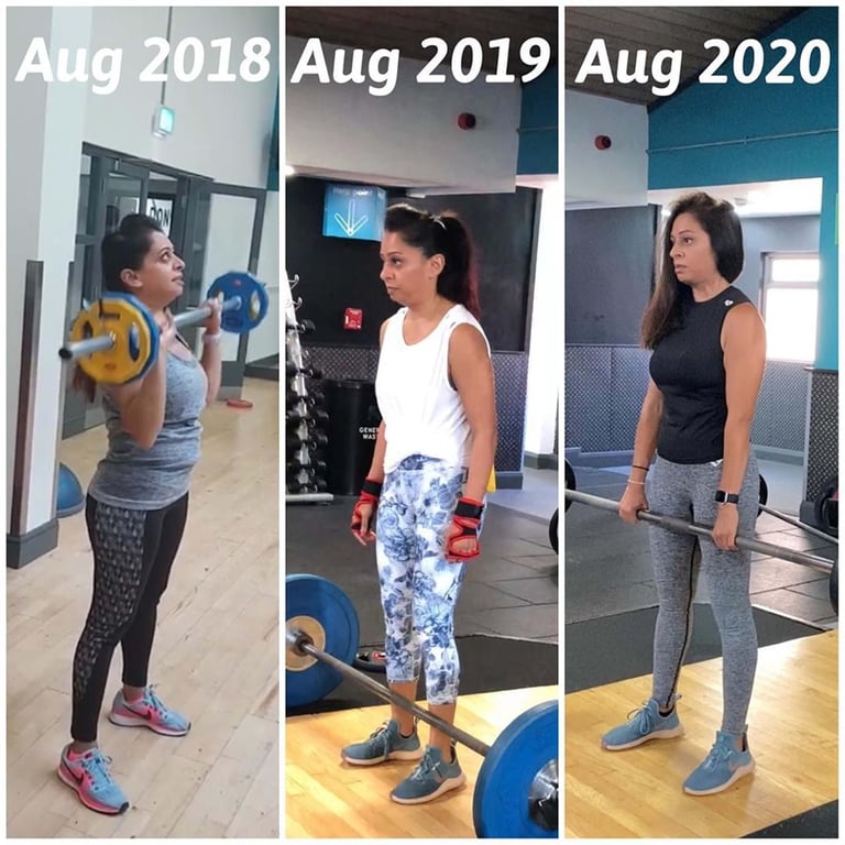 Woman lifting weights in gym over three years from 2018 to 2020 showing fitness progress