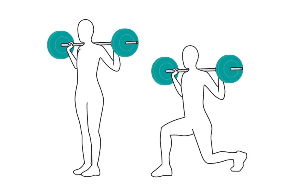 Two figures performing barbell lunges, one standing and one lunging forward.