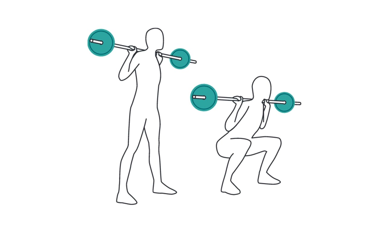 Two figures performing barbell squats, one standing and one squatting down.
