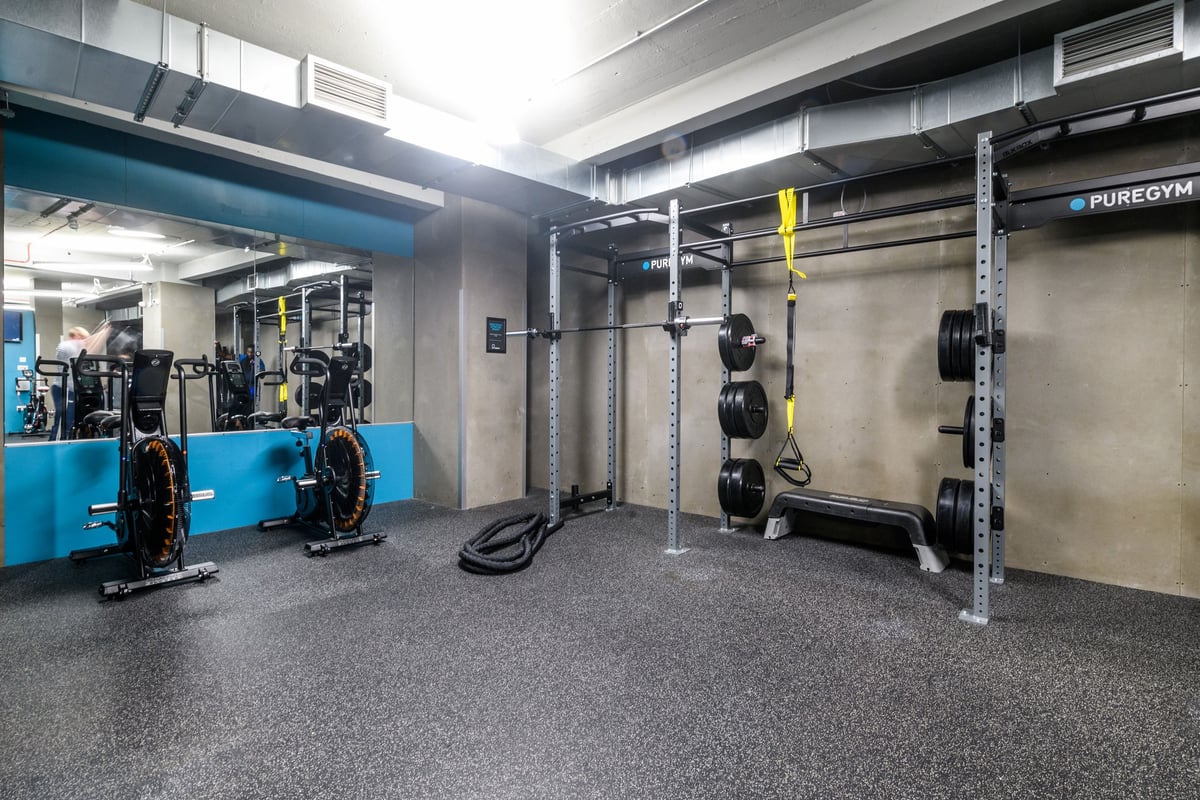 PureGym London Lewisham: Resistance training rigs, weight plates, rubberized flooring, and branded Pure Gym signage.