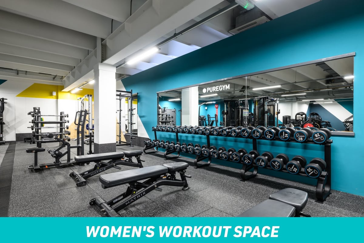 PureGym Manchester Urban Exchange Women's Workout Space: free weights area
