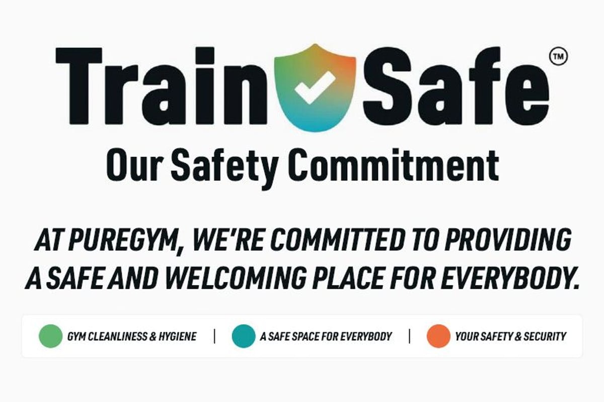 Train Safe logo with PureGym's security commitment message and three safety pillars displayed on white background
