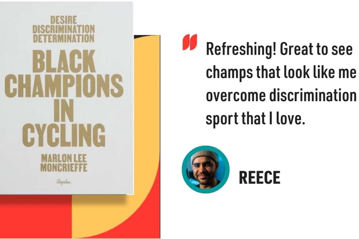 Book titled Black Champions in Cycling by Marlon Lee Moncrieffe with a testimonial quote.