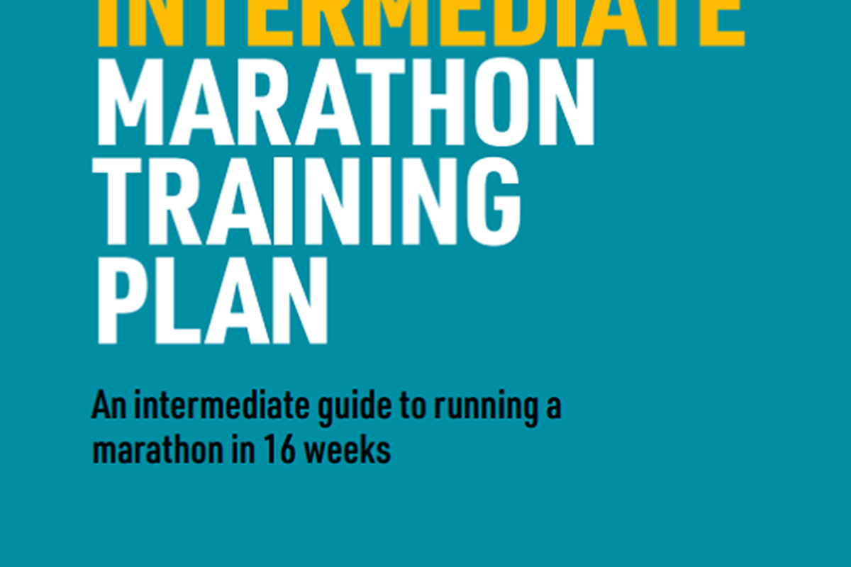 Turquoise cover with yellow and white text for intermediate marathon training plan